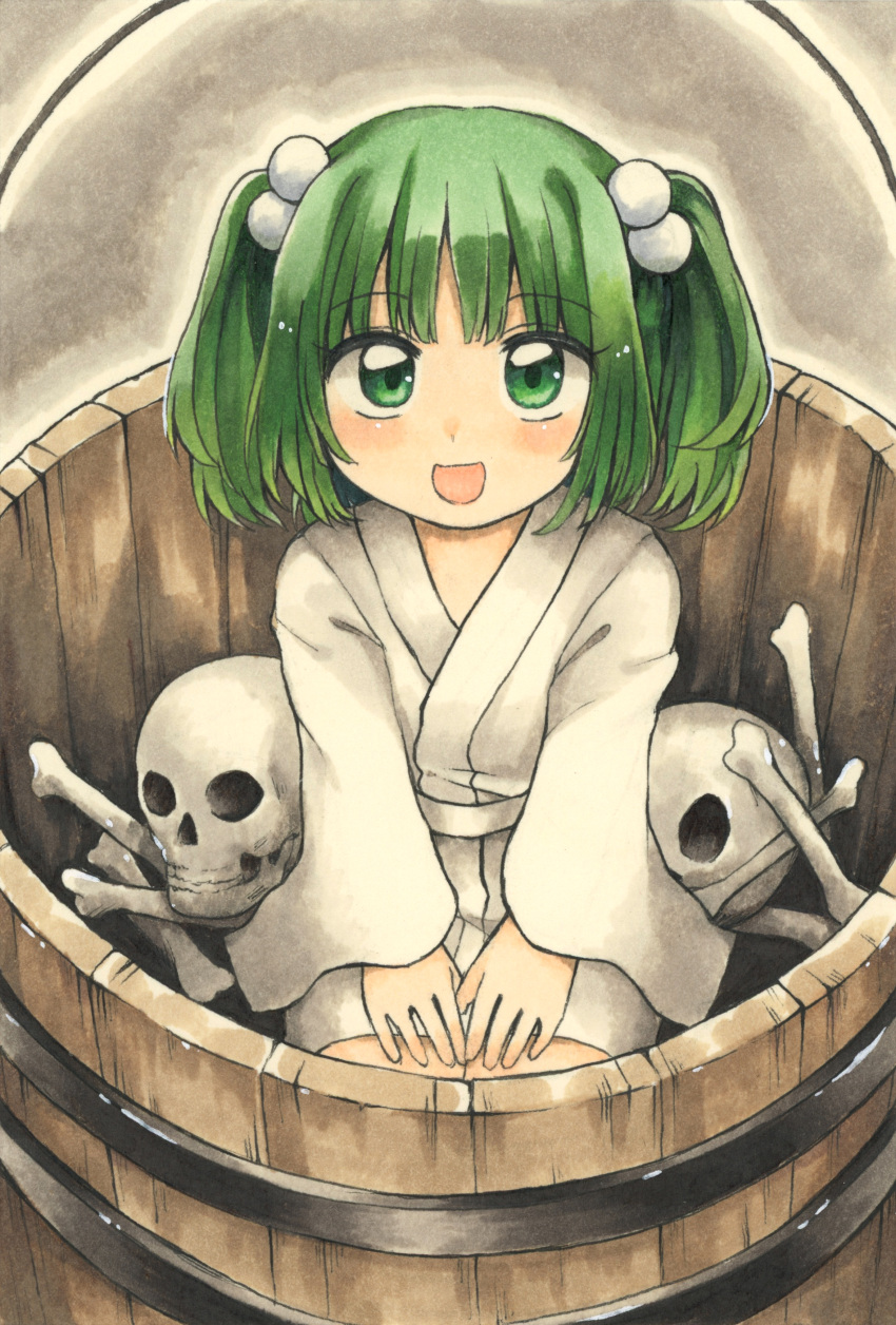 1girl absurdres bangs blush bone bucket eyebrows_visible_through_hair green_eyes green_hair hair_bobbles hair_ornament highres in_bucket in_container japanese_clothes kimono kisume kneeling looking_at_viewer maa_(forsythia1729) short_hair skull touhou traditional_media twintails wide_sleeves wooden_bucket