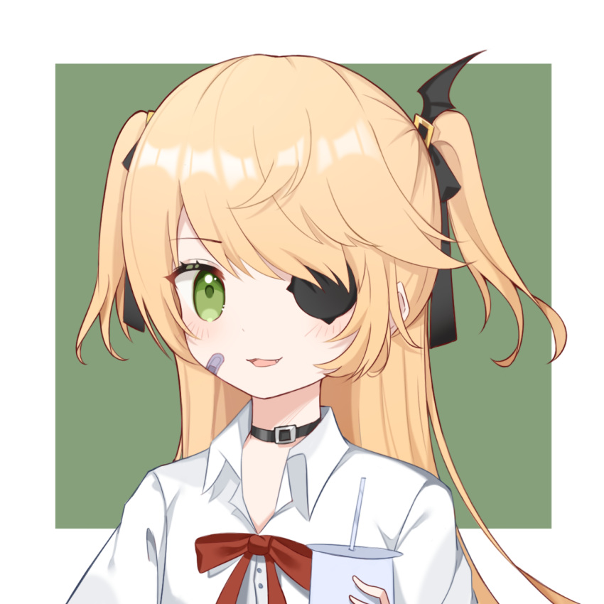 1girl :d alternate_costume bandaid bandaid_on_cheek bandaid_on_face bangs blonde_hair bow bowtie choker collared_shirt commentary_request cup disposable_cup drinking_straw eyebrows_visible_through_hair eyepatch fischl_(genshin_impact) genshin_impact green_eyes hair_bow hair_ornament hair_ribbon highres holding long_hair looking_at_viewer open_mouth ribbon school_uniform shi_zhuzi_da shirt sidelocks simple_background smile solo two-tone_background white_shirt