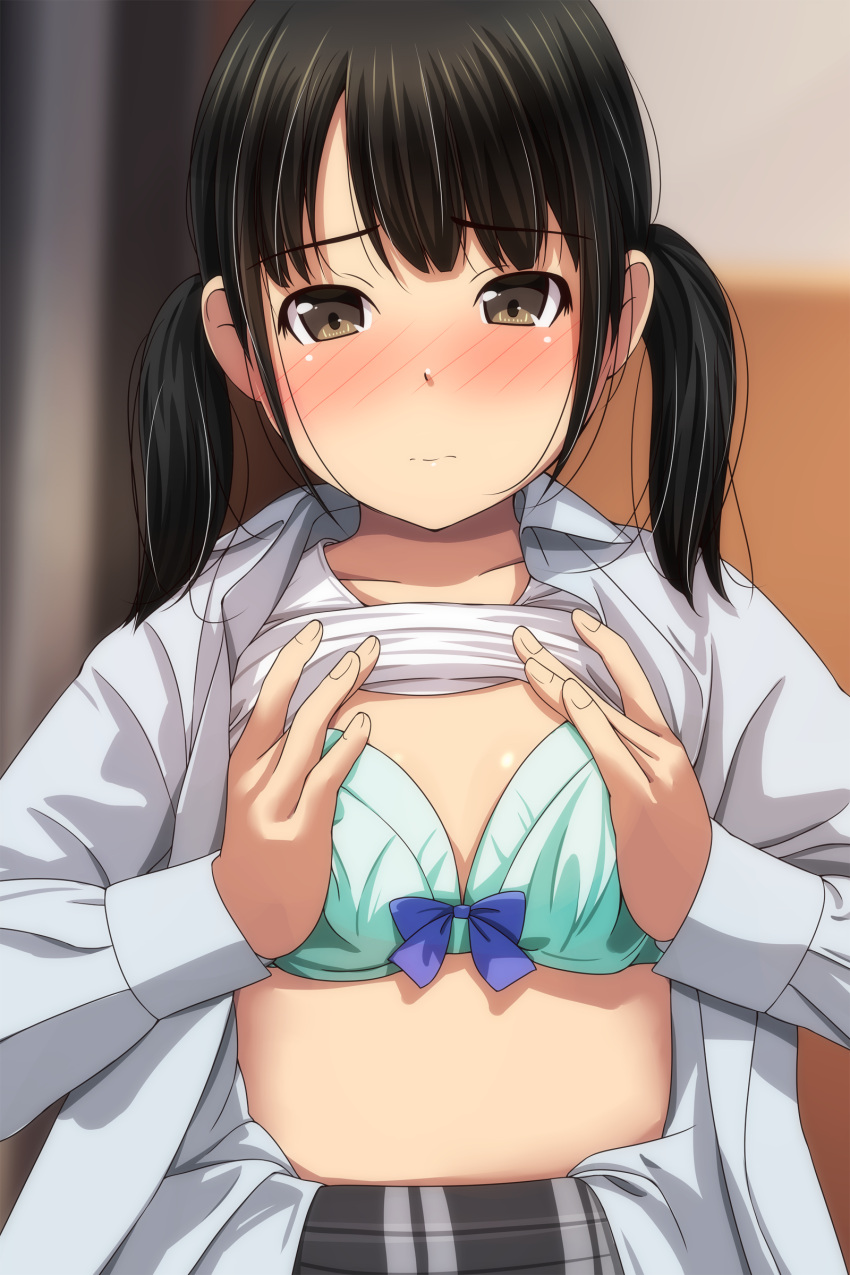 1girl absurdres bangs black_hair black_skirt blue_bra blurry blurry_background blush bow bow_bra bra brown_eyes closed_mouth clothes_lift collared_shirt depth_of_field dress_shirt eyebrows_visible_through_hair hands_up highres indoors long_sleeves looking_at_viewer matsunaga_kouyou nose_blush open_clothes open_shirt original shirt shirt_lift skirt solo tank_top twintails underwear upper_body wavy_mouth white_shirt white_tank_top