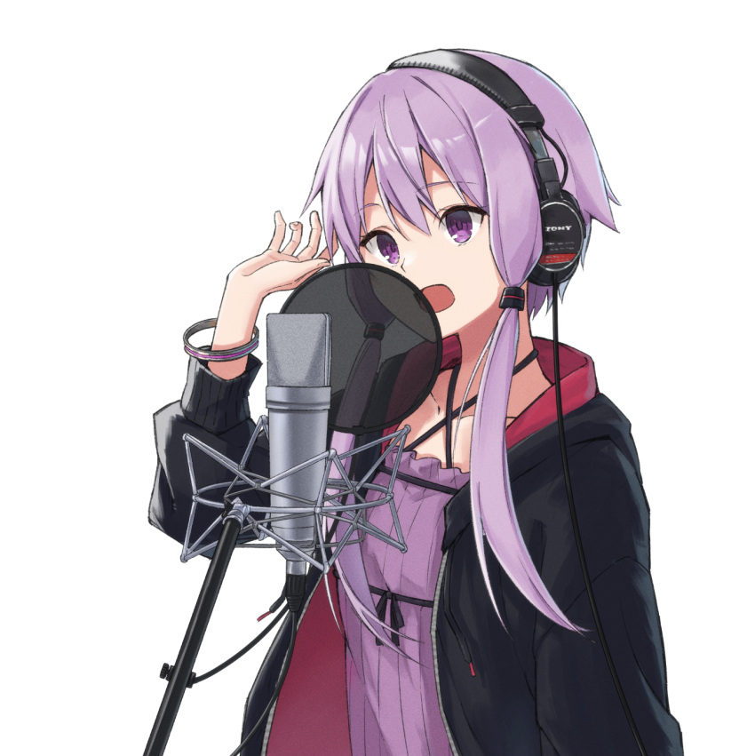 1girl black_jacket bracelet collarbone commentary criss-cross_halter dress english_commentary hair_tie halterneck hand_up headphones highres jacket jewelry microphone minatsuki_(m1natsuk1) open_mouth pop_filter purple_dress purple_hair short_hair_with_long_locks sidelocks smile solo standing upper_body violet_eyes vocaloid voiceroid white_background yuzuki_yukari