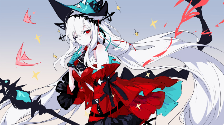 1girl arknights bangs bare_shoulders blue_gloves blue_headwear commentary cowboy_shot detached_sleeves dress eyebrows_visible_through_hair finger_to_own_chin gloves grey_background hand_up highres index_finger_raised infection_monitor_(arknights) long_hair long_sleeves looking_at_viewer red_dress red_eyes sheya silver_hair skadi_(arknights) skadi_the_corrupting_heart_(arknights) solo sparkle staff symbol-only_commentary very_long_hair wide_sleeves