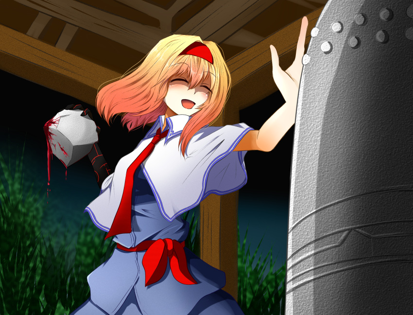 1girl :d alice_margatroid bangs bell blonde_hair blood_drip blue_shirt blue_skirt bois_de_justice capelet closed_eyes commentary_request cookie_(touhou) cowboy_shot dies_irae eyebrows_visible_through_hair hairband highres hinase_(cookie) holding_rock medium_hair necktie night open_mouth red_hairband red_neckwear red_sash rock sakuna_brownie sash shinza_bansho_series shirt skirt smile solo touhou white_capelet