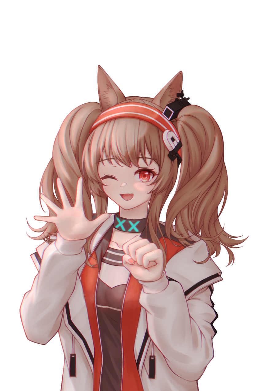 1girl ;d angelina_(arknights) animal_ears arknights black_collar black_shirt chinese_commentary clenched_hand coat collar collarbone commentary_request earpiece fox_ears hairband hands_up highres infection_monitor_(arknights) jacket long_hair looking_at_viewer lxjun_09 one_eye_closed open_clothes open_coat open_jacket open_mouth red_eyes red_hairband red_jacket shirt simple_background smile solo striped striped_hairband twintails waving white_background white_coat