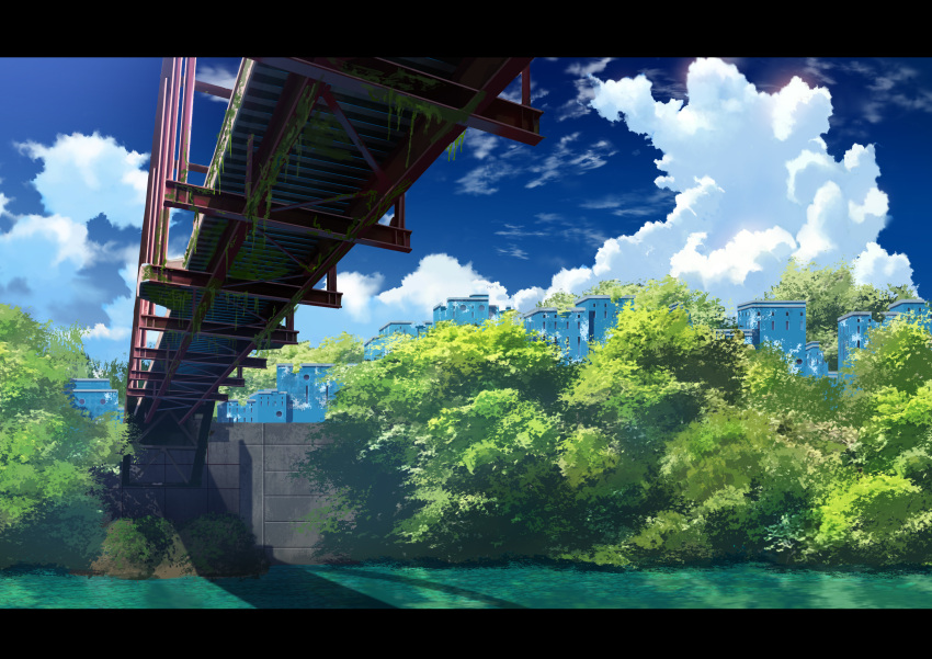 absurdres bridge building clouds commentary_request day highres letterboxed moss no_humans original outdoors scenery shadow sky sumassha_t_t tree