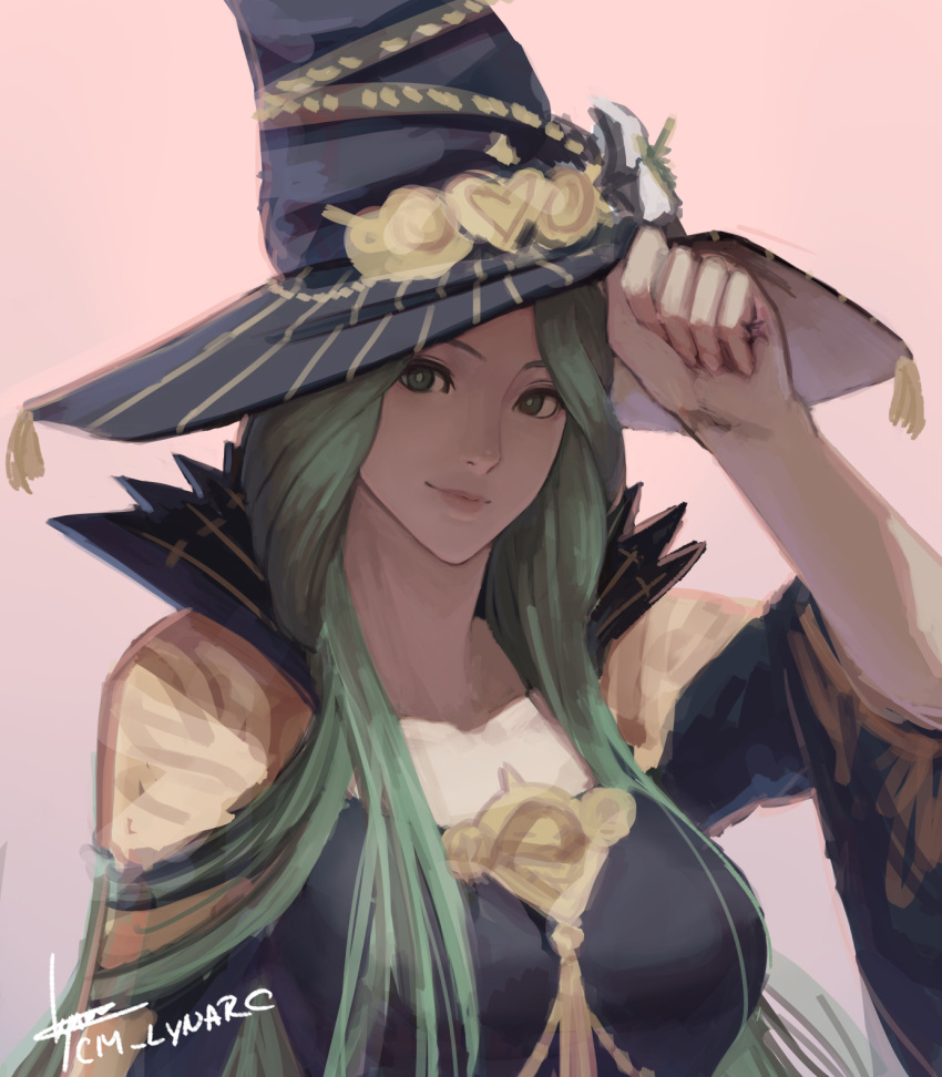 1girl adjusting_clothes adjusting_headwear artist_name cm_lynarc commentary fire_emblem fire_emblem:_three_houses fire_emblem_heroes green_eyes green_hair hat highres long_hair looking_at_viewer pink_background popped_collar rhea_(fire_emblem) solo witch_hat