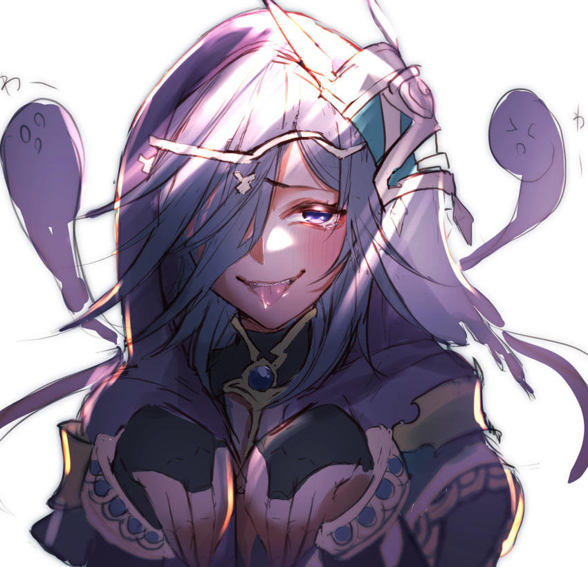 1girl absurdres blush bridal_gauntlets commentary_request eyebrows_visible_through_hair ghost ghost_pose granblue_fantasy hair_over_one_eye headdress highres hood hood_up lich_(granblue_fantasy) medium_hair messy_hair purple_hair saliva samemogumogu sharp_teeth solo teeth tongue tongue_out violet_eyes white_background