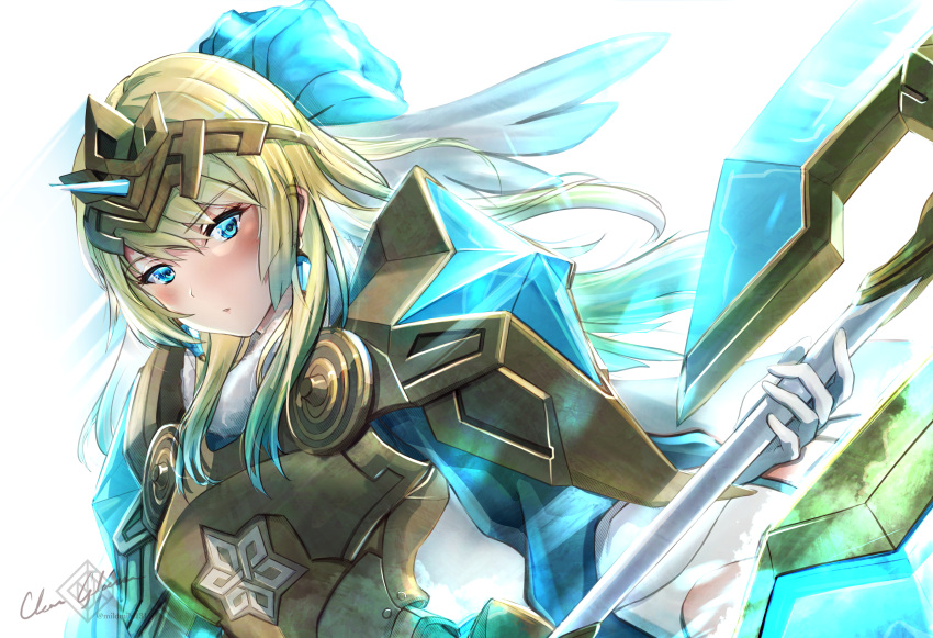 1girl :o absurdres alternate_costume armor armored_dress axe bangs battle_axe blonde_hair blue_dress blue_eyes blue_hair blush breastplate clear_glass_(mildmild1311) commentary_request dress earrings eyebrows_visible_through_hair fire_emblem fire_emblem_heroes fjorm_(fire_emblem) gloves gradient_hair hair_ornament highres holding holding_axe holding_weapon jewelry long_hair long_sleeves looking_at_viewer multicolored_hair official_alternate_costume parted_lips shoulder_armor signature solo tiara twitter_username two-tone_hair upper_body weapon white_background white_gloves