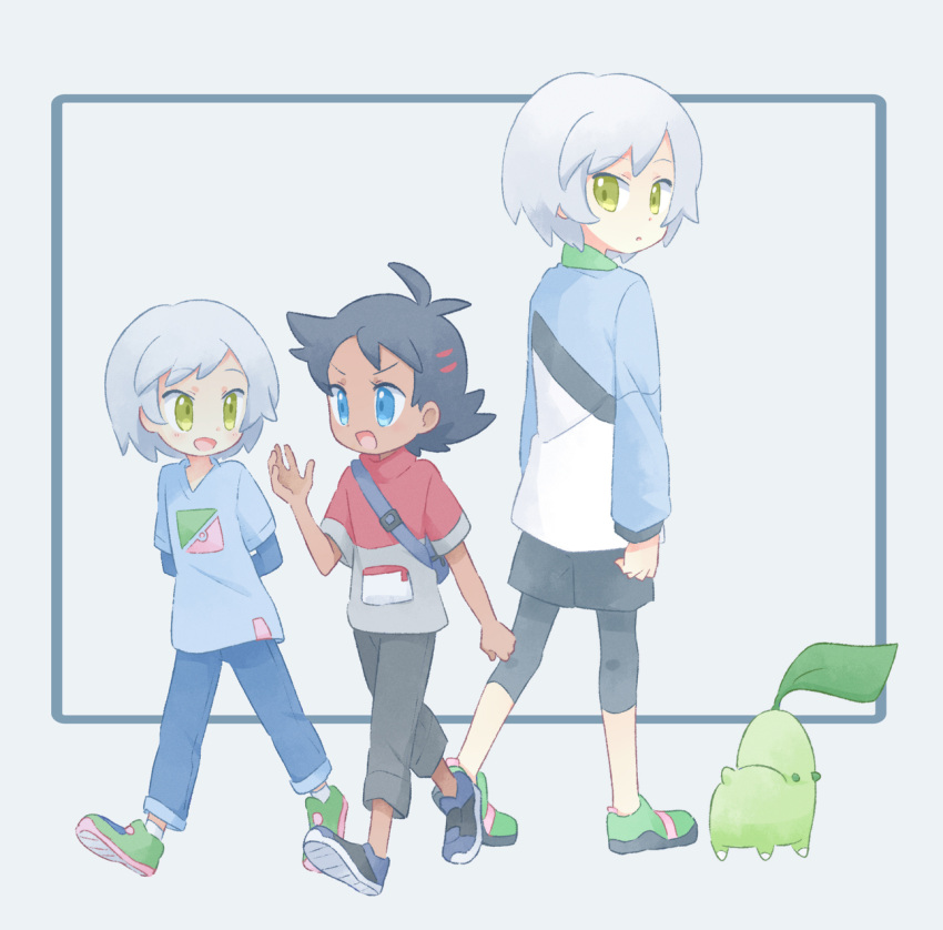 2boys akasaka_(qv92612) backpack bag bangs black_hair blue_eyes blue_pants blue_shirt chikorita commentary_request dark-skinned_male dark_skin eyelashes goh_(pokemon) green_eyes green_footwear grey_hair grey_pants grey_shirt highres horace_(pokemon) male_focus multiple_boys open_mouth pants pokemon pokemon_(anime) pokemon_(creature) pokemon_swsh_(anime) red_shirt shirt shoes short_hair short_sleeves smile standing tongue younger