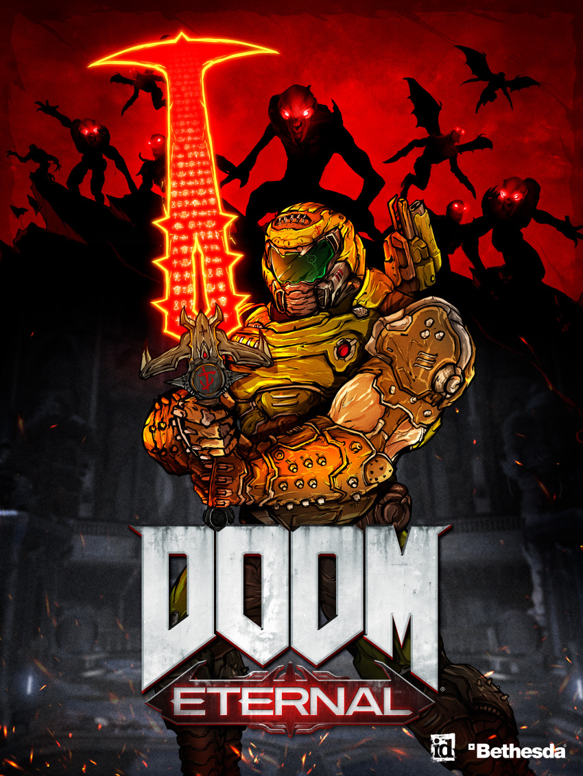 1boy absurdres armor blood crucible_(doom) demon doom_(series) doom_eternal doomguy gloves hell helmet highres holding holding_weapon horns looking_at_viewer male_focus metroid metroid_dread muscular official_art parody power_armor praetor_suit simple_background solo weapon