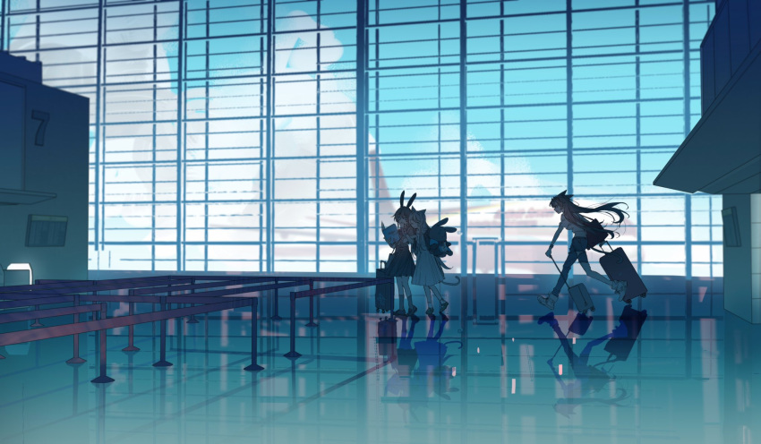 3girls aircraft airport amiya_(arknights) animal_ears arknights asymmetrical_legwear bangs black_skirt blaze_(arknights) blue_sky book brown_hair brown_shirt closed_mouth clouds commentary crop_top day dress english_commentary grey_footwear hair_between_eyes hand_up highres holding holding_book holding_luggage indoors locked_arms looking_at_another looking_away luggage min_(120716) multiple_girls one_eye_closed open_book open_mouth rabbit_ears reflection rosmontis_(arknights) shirt shoes skirt sky sneakers socks standing stuffed_animal stuffed_toy tail torn_clothes uneven_legwear walking white_dress white_footwear white_hair white_shirt window wrist_cuffs