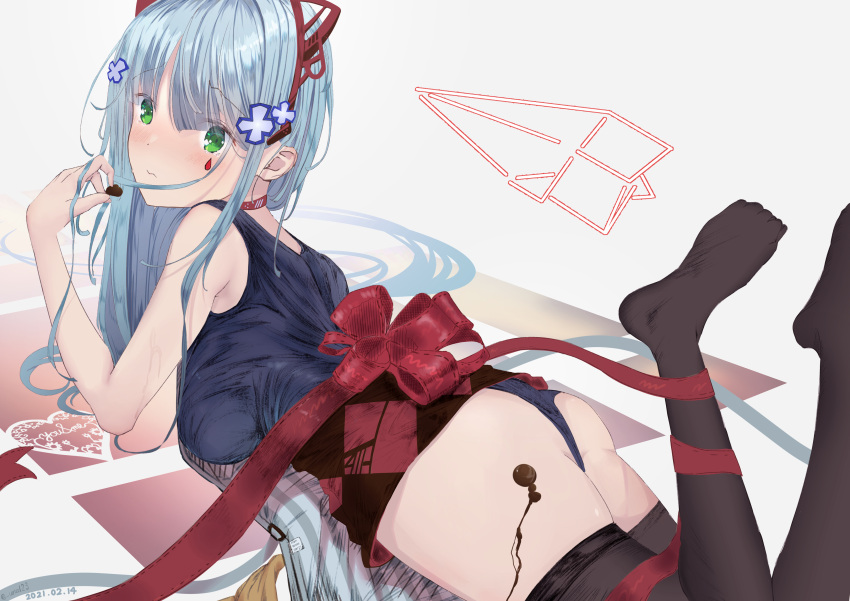 1girl absurdres animal_ears artist_name ass bangs black_legwear blue_hair blue_swimsuit blush chocolate choker closed_mouth crossed_bangs dated eyebrows_visible_through_hair fake_animal_ears food girls_frontline green_eyes hand_in_hair highres hk416_(girls'_frontline) holding holding_chocolate holding_food long_hair looking_at_viewer lying no_shoes on_stomach red_choker red_ribbon ribbon school_swimsuit simple_background solo soranagi_(una123) swimsuit teardrop_facial_mark teardrop_tattoo thigh-highs