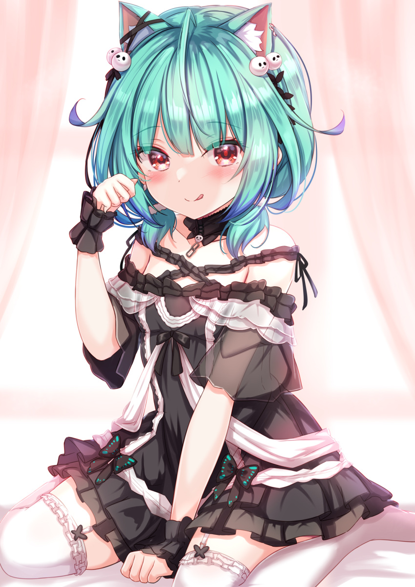 1girl :q animal_ear_fluff animal_ears bangs between_legs black_dress blue_hair blush cat_ears closed_mouth collarbone commentary detached_collar dress eyebrows_visible_through_hair frilled_legwear garter_straps green_hair hair_ornament hand_between_legs highres hololive long_hair looking_at_viewer multicolored_hair off-shoulder_dress off_shoulder paw_pose red_eyes see-through_sleeves short_sleeves short_twintails skull_hair_ornament smile solo streaked_hair thigh-highs tongue tongue_out twintails uruha_rushia virtual_youtuber white_legwear wrist_cuffs yuano