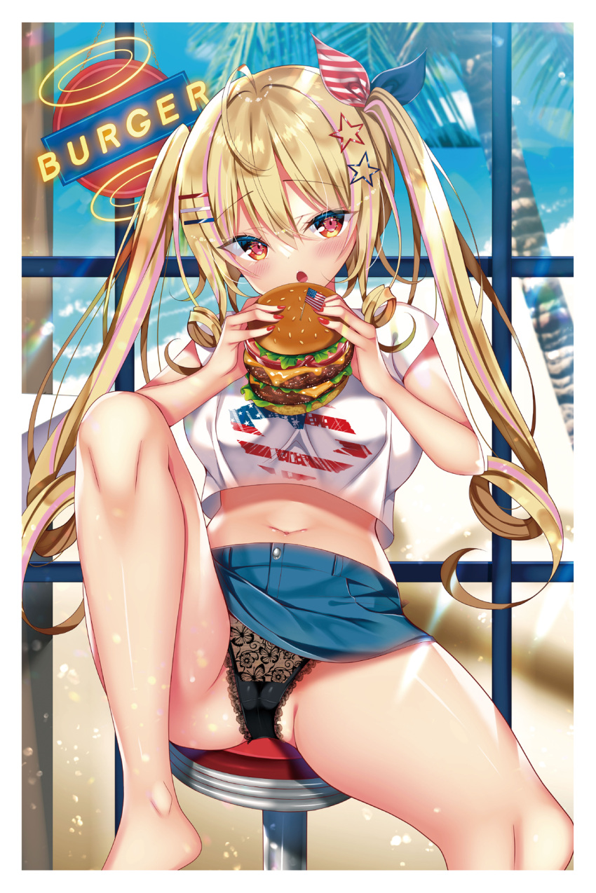 1girl ahoge american_flag american_flag_print bangs bare_legs barefoot black_panties blonde_hair blue_skirt blue_sky blush border breasts burger cheese cropped_shirt day eyebrows_visible_through_hair fast_food fingernails flag_print food gradient_eyes hair_between_eyes hair_ornament hairclip highres holding holding_food knee_up lace lace-trimmed_panties lace_panties lace_trim lettuce long_fingernails long_hair looking_at_viewer medium_breasts miniskirt multicolored multicolored_eyes nae-nae nail_polish navel non-web_source orange_eyes original palm_tree panties red_nails shiny shiny_skin shirt short_sleeves sidelocks sitting skirt sky solo spread_legs star_(symbol) star_hair_ornament stomach tomato tree twintails underwear very_long_hair white_border white_shirt