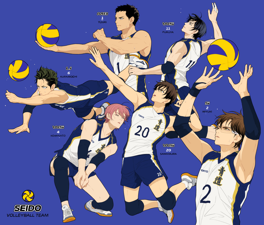 6+boys ace_of_diamond ball bangs black_hair blue_background blue_eyes brown_eyes brown_hair closed_eyes closed_mouth dark_green_hair elbow_pads elbow_sleeve furuya_satoru hands_up highres holding holding_ball jumping knee_pads kominato_haruichi kuramochi_youichi male_focus miyuki_kazuya multiple_boys open_mouth outstretched_arm parted_lips pink_hair sawamura_eijun shirt short_hair shorts sideburns spiky_hair sport sportswear sweat sweatdrop toned toned_male twoframe volleyball volleyball_uniform white_footwear yuuki_tetsuya