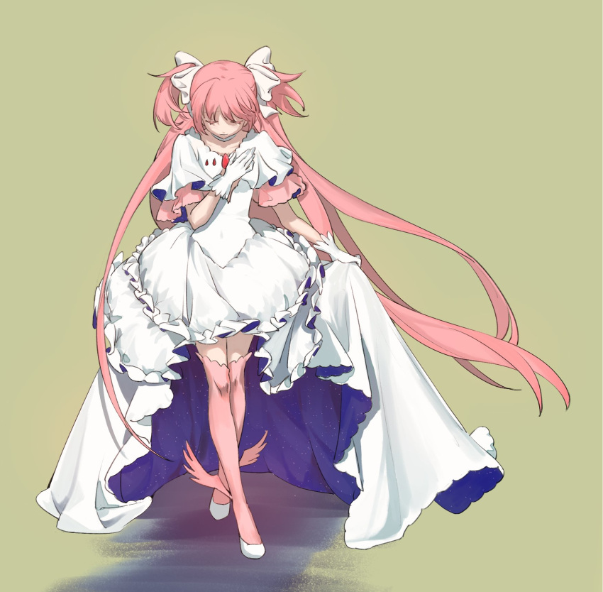 1girl arm_at_side beige_background bowing breasts choker cleavage_cutout closed_eyes closed_mouth clothing_cutout collarbone colored_eyelashes covered_navel crossed_legs curtsey dress facing_down floating_hair frilled_dress frills full_body gloves goddess_madoka hair_ribbon hand_on_own_chest hand_up highres iw_haaa kaname_madoka layered_dress layered_sleeves leaning_forward legs_together light_smile long_dress long_hair mahou_shoujo_madoka_magica narrow_waist pink_hair pink_legwear ribbon shade shadow shoes simple_background skirt_hold small_breasts solo standing straight_hair thigh-highs two_side_up very_long_hair white_choker white_dress white_footwear white_gloves white_ribbon wide_sleeves zettai_ryouiki
