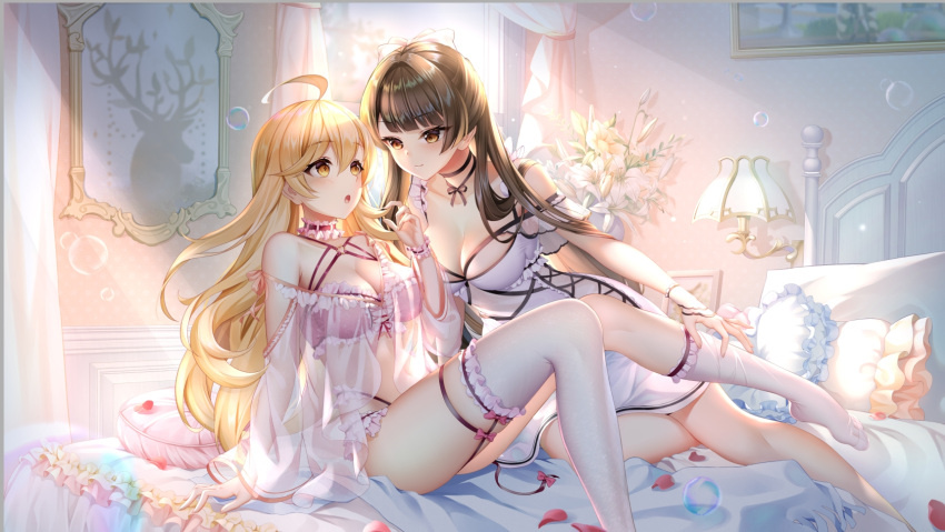 2girls ahoge arm_at_side arm_support arm_up babydoll bangs bare_hips bare_legs barefoot bed bed_frame bed_sheet bedroom black_panties blinds blonde_hair bow bracelet breasts brown_hair bubble choker closed_mouth collarbone deer dress eyebrows_visible_through_hair eyes_visible_through_hair flower framed_image frilled_dress frilled_pillow frills hair_between_eyes hair_bow heart highres jewelry lace lamp light_blush light_particles light_rays light_smile lingerie long_hair looking_at_another lying midriff multiple_girls navel neck_ribbon neckwear off_shoulder on_bed on_side open_mouth painting_(object) panties petals pillow red_ribbon removing_legwear ribbon see-through_sleeves sitting stomach teasing thigh-highs toes underwear white_bow white_dress white_flower window wrist_ribbon yellow_eyes yue_xiao_e yuri