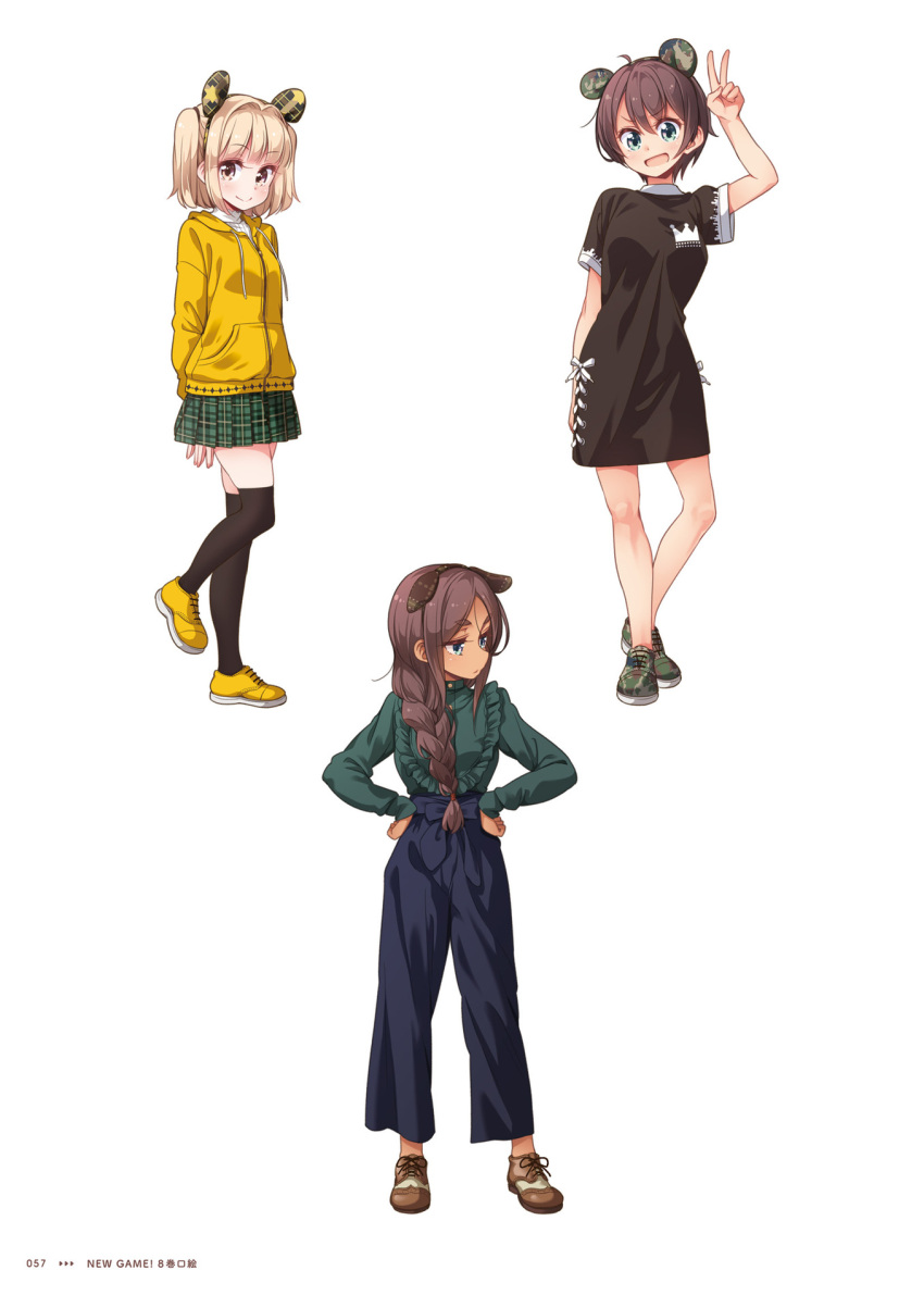 3girls :d ahagon_umiko animal_ears arm_up arms_behind_back black_dress black_legwear blonde_hair blue_bow blue_eyes blue_pants bow braid brown_eyes brown_hair camouflage_footwear closed_mouth copyright_name dress fake_animal_ears green_shirt green_skirt hair_over_shoulder hands_on_hips highres hood hood_down hooded_jacket iijima_yun jacket long_hair looking_at_viewer miniskirt mouse_ears multiple_girls new_game! official_art open_mouth page_number pants plaid plaid_skirt pleated_skirt shinoda_hajime shirt short_dress short_hair simple_background single_braid skirt smile standing thigh-highs tokunou_shoutarou v white_background yellow_footwear yellow_jacket zettai_ryouiki