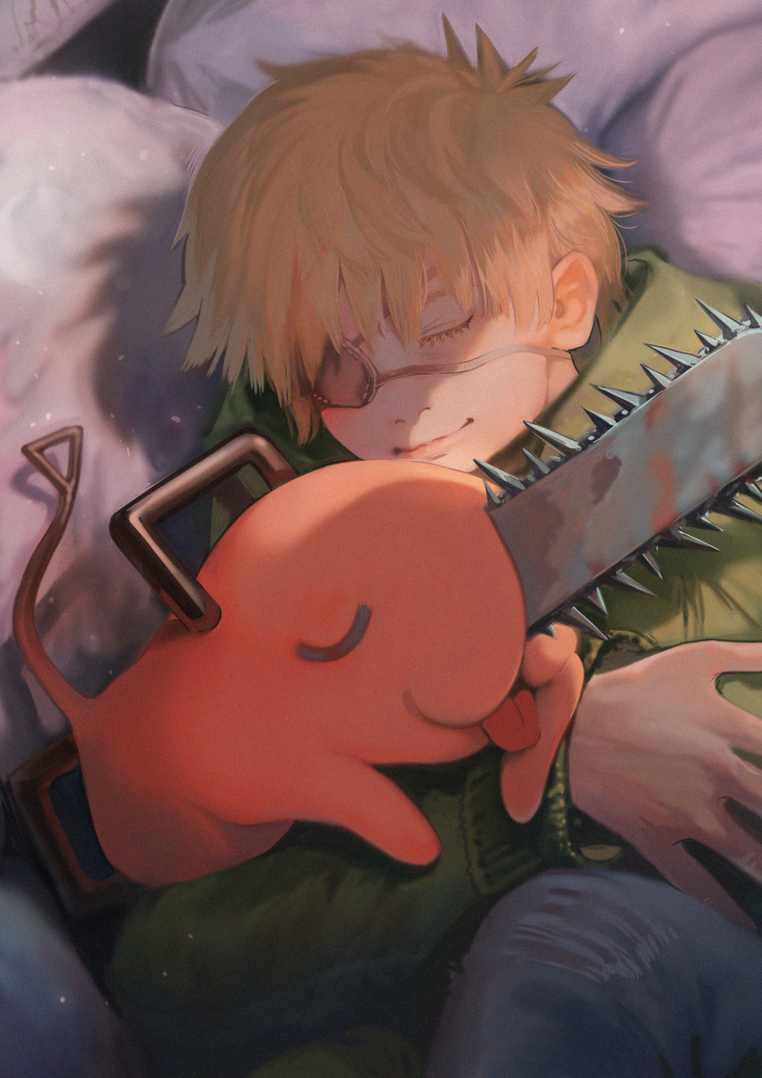 1boy bangs black_eyepatch blonde_hair blue_pants chainsaw chainsaw_man closed_eyes closed_mouth denji_(chainsaw_man) eyepatch green_jacket highres jacket long_sleeves monster one_eye_covered pants pochita_(chainsaw_man) sack shirushi_(in) short_hair sleeping smile tongue tongue_out upper_body younger