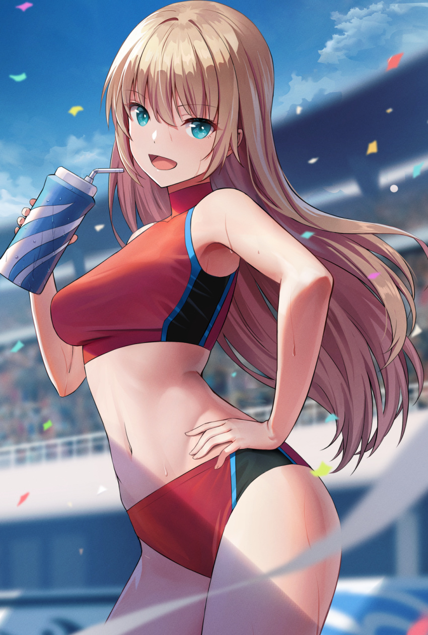 1girl :d bangs blonde_hair blue_eyes blue_sky blurry blurry_background bra breasts buruma contrapposto day drinking_straw eyebrows_visible_through_hair floating_hair hair_between_eyes hair_intakes hand_on_hip highres holding long_hair medium_breasts navel open_mouth original outdoors red_bra red_buruma shiny shiny_hair sion_(9117) sky smile solo sports_bra sportswear standing straight_hair underwear very_long_hair