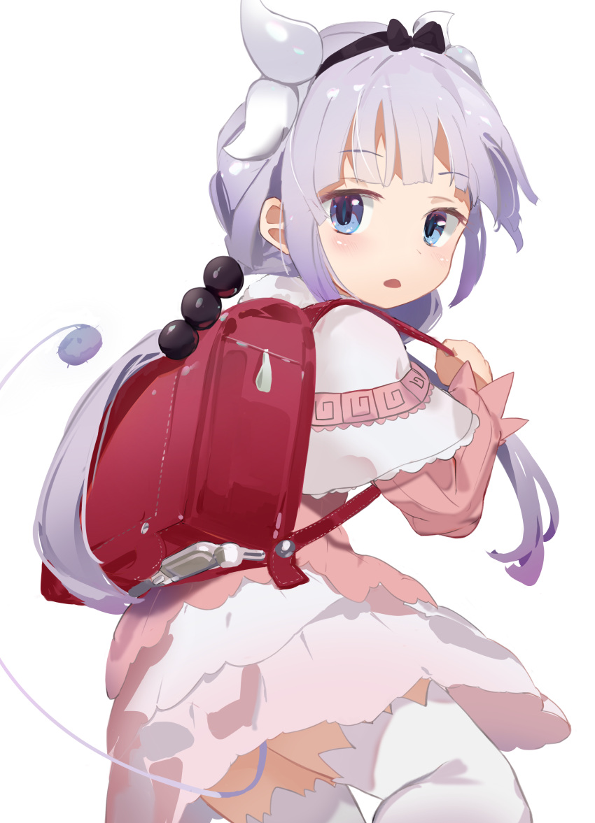 1girl absurdres backpack bag black_hairband blue_eyes blush dragon_girl dragon_horns eyebrows_visible_through_hair from_behind hair_bobbles hair_ornament hairband highres horns kanna_kamui kobayashi-san_chi_no_maidragon long_hair looking_at_viewer low_twintails same_(sendai623) silver_hair simple_background skirt solo tail thigh-highs twintails white_background white_skirt