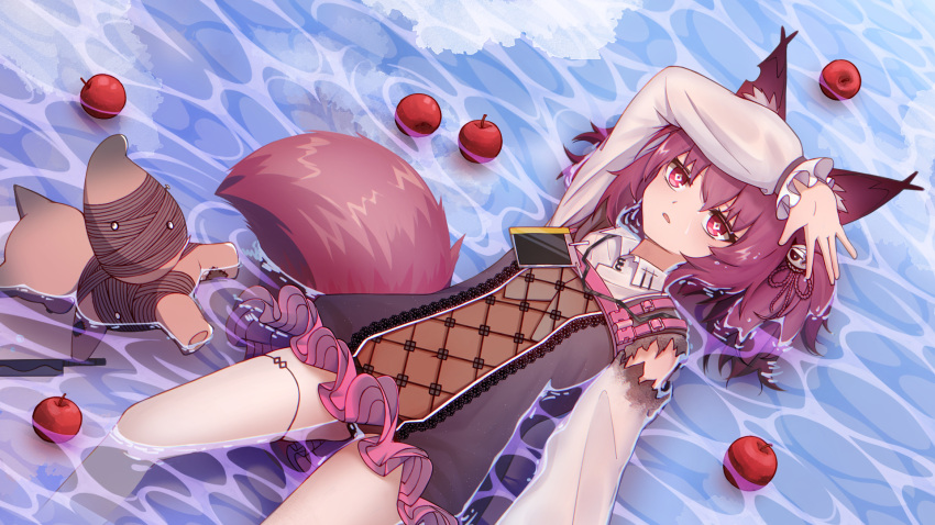 1girl animal_ears apple arknights arm_over_head burnt_clothes chinese_commentary commentary_request diamond-shaped_pupils diamond_(shape) dress feet_out_of_frame food fox_ears fox_girl fox_tail from_above fruit hair_ornament highres id_card in_water long_hair long_sleeves lxjun_09 lying navel no_legwear on_back open_mouth partially_submerged pink_hair purple_dress see-through_dress shamare_(arknights) sheer_clothes shirt skull_hair_ornament solo stuffed_toy symbol-shaped_pupils tail thigh_strap twintails water white_shirt