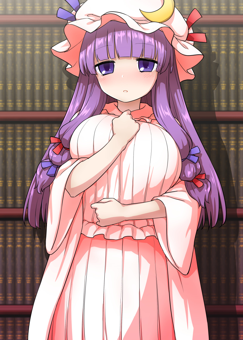 1girl :o absurdres blush book breasts coat crescent crescent_hair_ornament crescent_hat_ornament hair_ornament hat hat_ornament highres itou_yuuji large_breasts library long_hair long_sleeves looking_at_viewer mob_cap parted_lips patchouli_knowledge pink_shirt pink_skirt purple_hair shirt skirt solo striped touhou vertical_stripes very_long_hair violet_eyes wide_sleeves