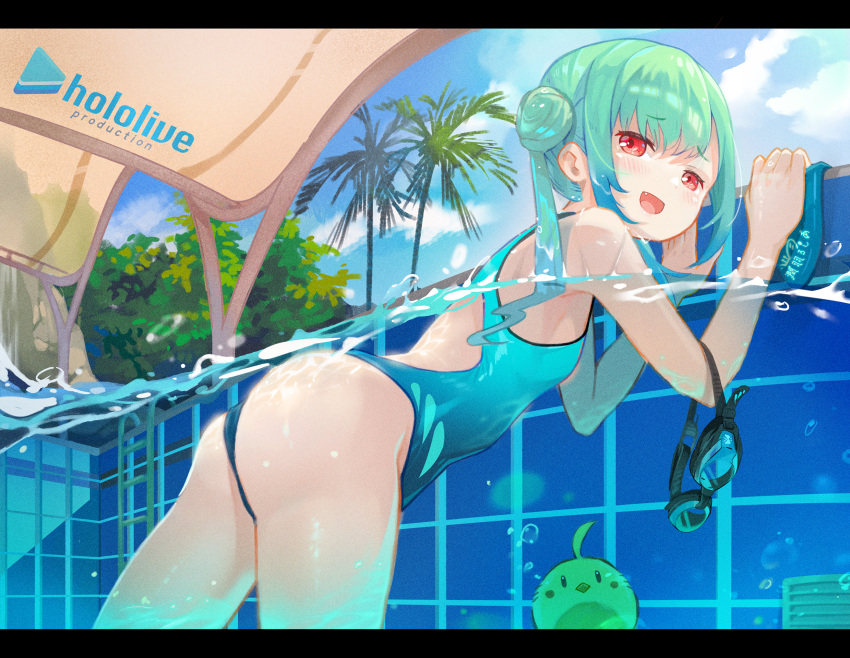 1girl aqua_swimsuit ass bare_shoulders bubble competition_swimsuit copyright_name double_bun eyebrows_visible_through_hair fang flat_chest goggles green_hair highres hololive long_hair looking_back one-piece_swimsuit open_mouth palm_tree partially_submerged pool red_eyes sidelocks swimsuit tree uruha_rushia water yoshikawa_hiro