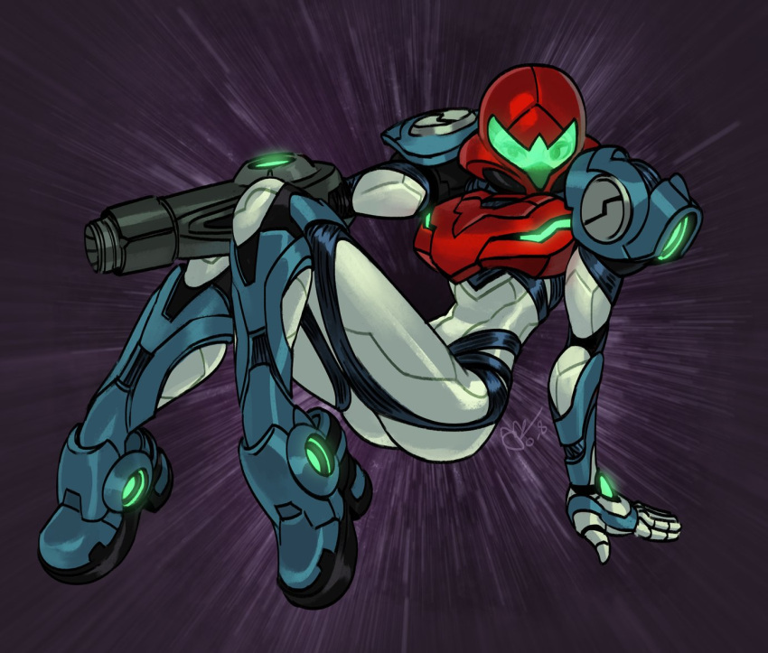 1girl alex_ahad arm_cannon armor ass breasts glowing helmet looking_at_viewer metroid metroid_dread power_armor samus_aran science_fiction sidelocks simple_background solo varia_suit visor weapon