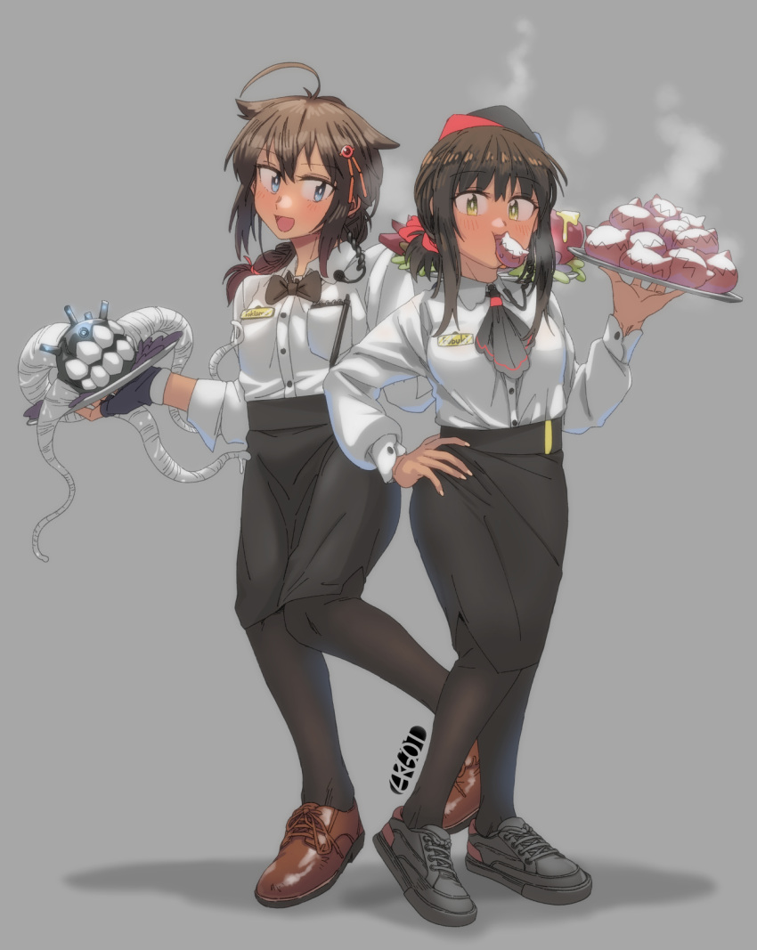 2girls abyssal_ship ahoge alternate_costume artist_logo artist_name ascot black_bow black_gloves black_hair black_legwear black_neckwear black_skirt blue_eyes blush bow bowtie braid brown_footwear brown_hair buttons collared_shirt enemy_aircraft_(kancolle) enemy_naval_mine_(kancolle) ergot eyebrows_visible_through_hair fingerless_gloves fubuki_(kancolle) full_body gloves green_eyes grey_background hair_between_eyes hair_flaps hand_on_hip highres holding holding_plate kantai_collection long_hair long_sleeves mouth_hold multiple_girls open_mouth pantyhose pen pencil_skirt plate remodel_(kantai_collection) shadow shigure_(kancolle) shirt shoes short_hair short_ponytail simple_background single_braid skirt smile sneakers standing standing_on_one_leg white_shirt