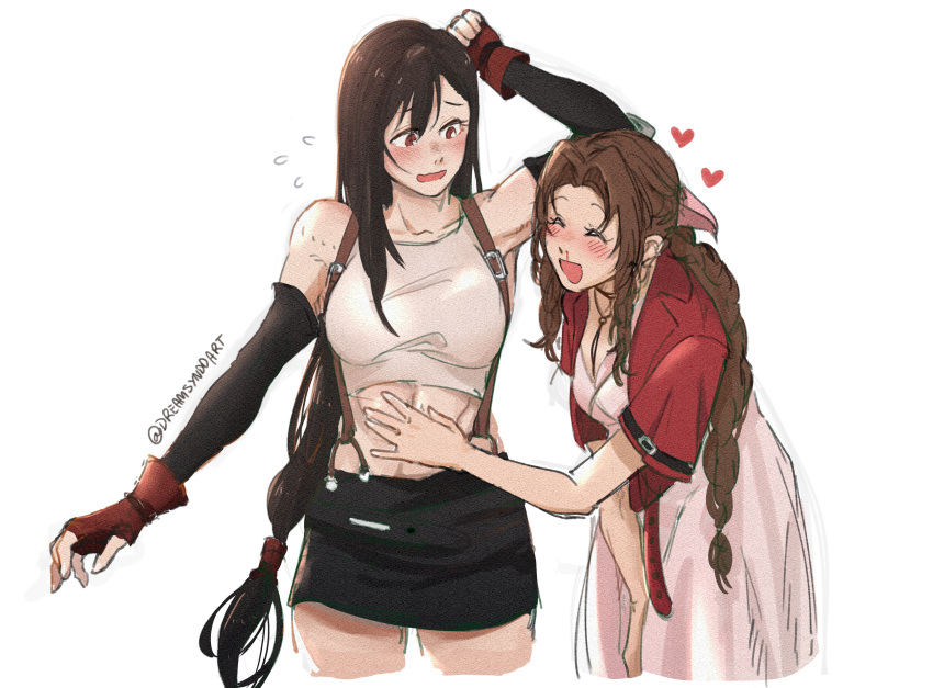 2girls aerith_gainsborough black_hair black_skirt blood blush brown_hair closed_eyes dreamsyndd english_commentary final_fantasy final_fantasy_vii flying_sweatdrops hand_on_another's_stomach heart highres looking_at_another multiple_girls nosebleed open_mouth parted_lips simple_background skirt tifa_lockhart white_background yuri