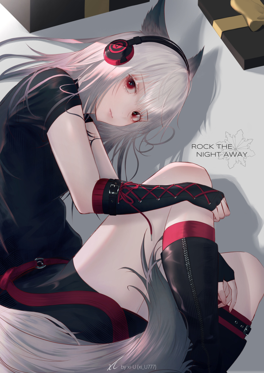 1girl absurdres animal_ears arknights artist_name black_footwear black_gloves black_shirt black_shorts commentary english_text fingerless_gloves fox_ears fox_girl fox_tail frostleaf_(arknights) gloves grey_hair headphones highres implied_extra_ears lips long_hair looking_at_viewer lying on_side red_eyes shadow shirt short_sleeves shorts solo t-shirt tail xi-u zipper