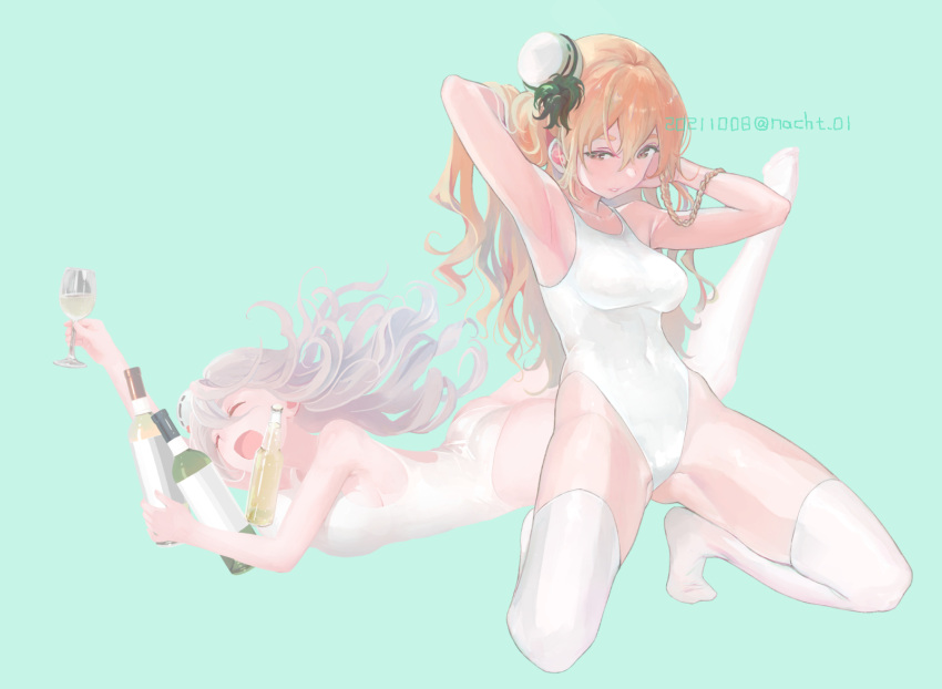 2girls alcohol aqua_background banned_artist bare_arms bare_shoulders blonde_hair bottle braid breasts brown_eyes closed_eyes commission cup dated drinking_glass french_braid full_body grey_hair hair_between_eyes hat highres kantai_collection large_breasts long_hair mini_hat multiple_girls nacht one-piece_swimsuit open_mouth pola_(kancolle) simple_background skeb_commission swimsuit thigh-highs twitter_username wavy_hair white_headwear white_legwear white_swimsuit wine_bottle wine_glass zara_(kancolle)