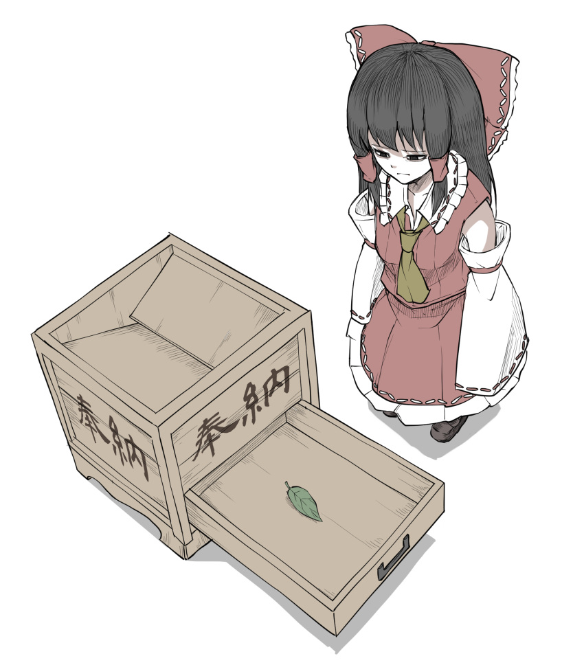 1girl :| ascot bangs black_hair bow box closed_mouth detached_sleeves donation_box empty_eyes expressionless frilled_shirt_collar frills from_above hair_bow hair_tubes hakurei_reimu highres leaf loafers long_hair long_sleeves nontraditional_miko peroponesosu. red_bow red_skirt red_vest ribbon-trimmed_skirt ribbon-trimmed_sleeves ribbon_trim shoes simple_background skirt solo standing touhou translation_request vest white_background wide_sleeves yellow_neckwear