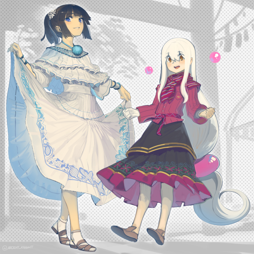 2girls :d absurdly_long_hair absurdres bandaged_arm bandages black_hair black_skirt blue_eyes boa_(brianoa) bracelet brown_footwear capelet full_body grin highres jewelry long_hair long_skirt long_sleeves looking_at_viewer low-tied_long_hair medium_hair multiple_girls neckerchief open_mouth original pantyhose parted_lips pink_shirt ponytail red_neckwear sandals shirt shoes skirt skirt_hold smile smug socks standing striped striped_neckwear twitter_username very_long_hair white_capelet white_hair white_legwear white_skirt who_(boa_(brianoa)) yellow_eyes