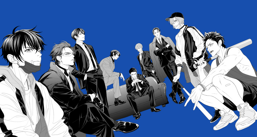 6+boys ace_of_diamond bangs baseball_bat baseball_cap black_choker blue_background choker closed_eyes closed_mouth couch formal furuya_satoru gloves hat highres holding holding_baseball_bat hood hood_down hooded_jacket isashiki_jun jacket jewelry kominato_haruichi kominato_ryousuke kuramochi_youichi leg_up looking_at_viewer male_focus mask mask_pull miyuki_kazuya mouth_mask multiple_boys necklace necktie on_couch open_clothes open_jacket open_mouth pants parted_lips sawamura_eijun shoes short_hair shorts sideburns sitting spiky_hair squatting suit takigawa_chris_yuu tank_top twoframe vest visor wristband yuuki_tetsuya