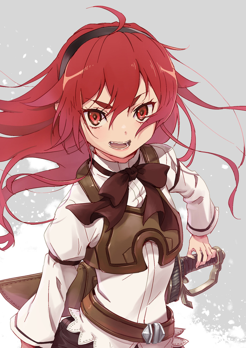 1girl ahoge bangs black_hairband commentary_request eris_greyrat eyebrows_behind_hair grey_background hair_between_eyes hairband highres long_hair long_sleeves looking_at_viewer mushoku_tensei open_mouth red_eyes redhead sheath sheathed shirt solo sword thick_eyebrows very_long_hair weapon weapon_on_back white_background white_shirt yazwo