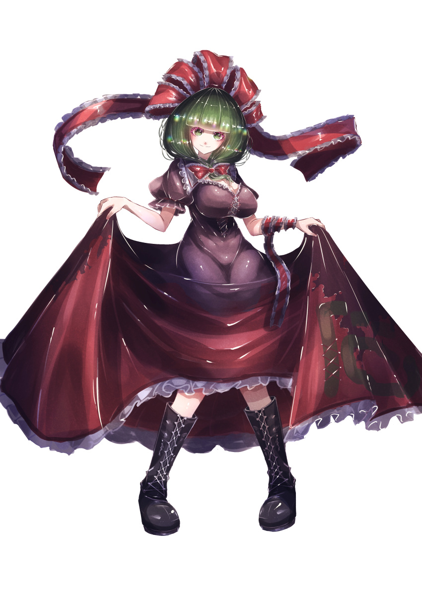 1girl absurdres aonori00 black_footwear boots cross-laced_footwear dress front_ponytail green_eyes hair_ribbon highres kagiyama_hina knee_boots lace-up_boots looking_at_viewer red_dress ribbon shiny shiny_clothes short_sleeves skirt_hold smile solo touhou white_background