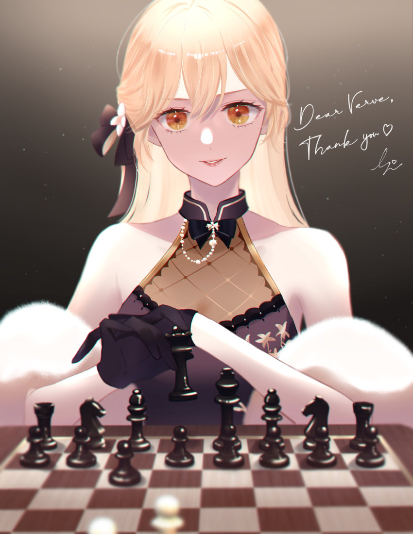 1girl bare_shoulders black_dress black_gloves black_ribbon blonde_hair board_game breasts chess chess_piece chessboard closed_mouth commentary_request commission dress eyebrows_visible_through_hair fur fur-trimmed_sleeves fur_trim girls_frontline gloves hair_ribbon highres holding_chess_piece lips long_hair looking_at_viewer orange_eyes ots-14_(girls'_frontline) ribbon simple_background sitting smile solo sui_(camellia) upper_body