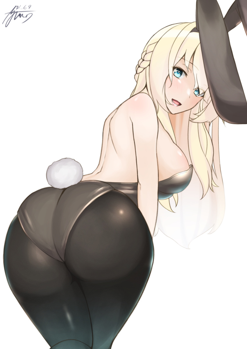 1girl alternate_costume animal_ears ass ayuman black_legwear black_leotard blonde_hair blue_eyes braid commentary_request commission cowboy_shot crown_braid french_braid from_behind highres kantai_collection leaning_forward leotard long_hair looking_at_viewer looking_back pantyhose playboy_bunny rabbit_ears rabbit_tail simple_background solo standing strapless strapless_leotard tail translation_request warspite_(kancolle) white_background wrist_cuffs