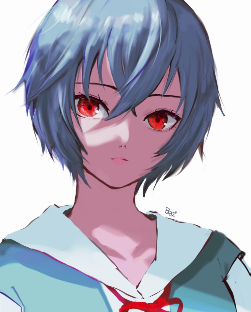 1girl ayanami_rei bangs beebee1120 blue_hair closed_mouth hair_between_eyes highres looking_at_viewer neck_ribbon neon_genesis_evangelion portrait red_eyes red_ribbon ribbon sailor_collar shiny shiny_hair short_hair simple_background sketch solo white_background white_sailor_collar