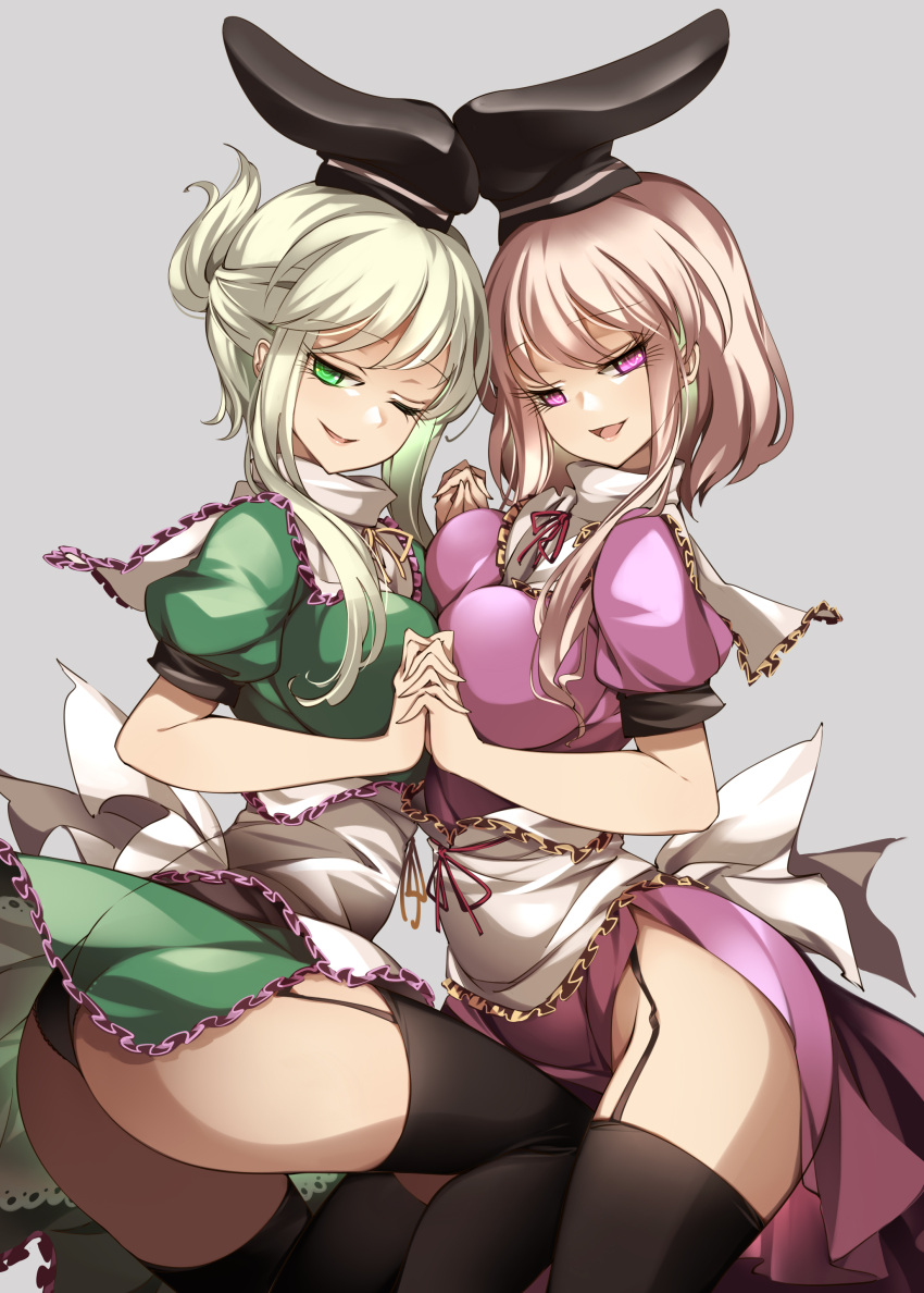 2girls absurdres apron ass bangs black_legwear breast_press breasts brown_hair dress eyebrows_visible_through_hair folded_hair frilled_dress frilled_shirt_collar frills garter_straps green_dress green_eyes green_hair grey_background hair_between_eyes hat highres holding_hands large_breasts lips long_hair looking_at_viewer multiple_girls nishida_satono one_eye_closed open_mouth pink_dress pink_eyes puffy_short_sleeves puffy_sleeves raptor7 red_neckwear ribbon short_sleeves simple_background smile symbol-only_commentary symmetrical_docking tate_eboshi teireida_mai thigh-highs thighs touhou turtleneck white_apron yellow_neckwear