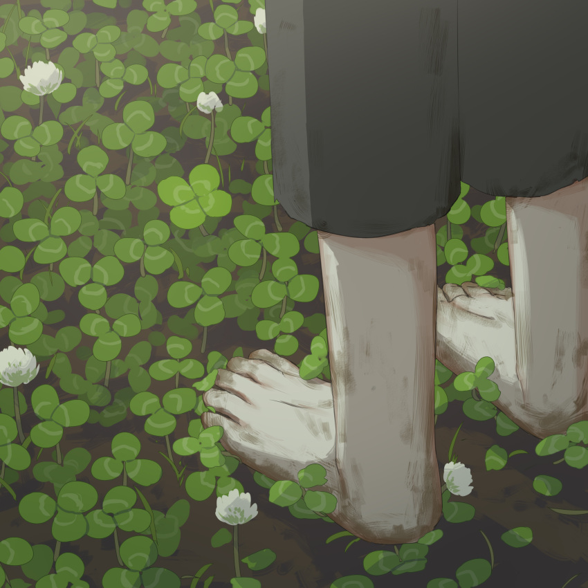 1other absurdres ambiguous_gender avogado6 barefoot clover commentary_request dirty dirty_feet from_behind grey_shorts head_out_of_frame highres original shorts solo