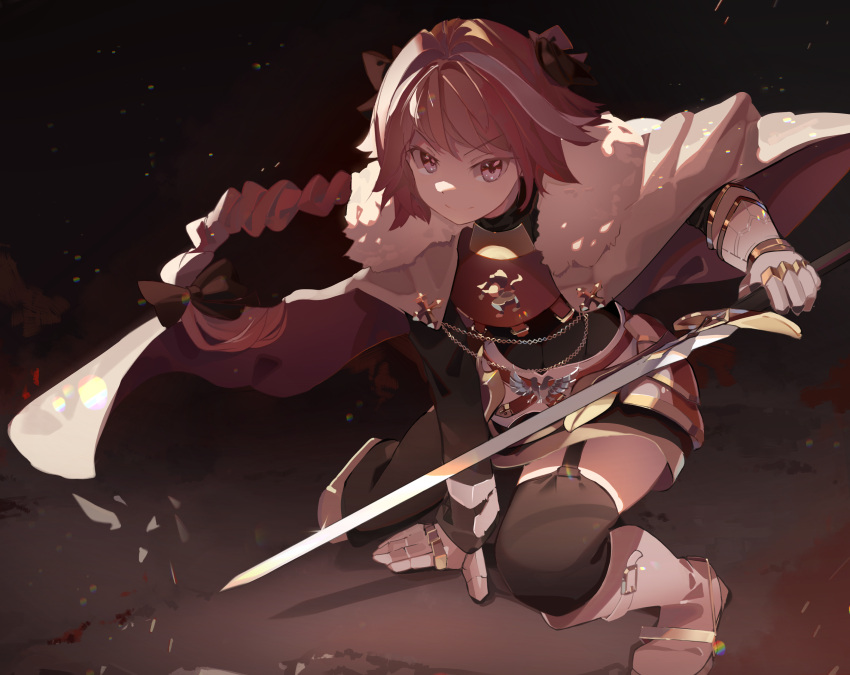1boy absurdres astolfo_(fate) black_bow black_legwear black_neckwear boots bow braid cape eyebrows_visible_through_hair eyes_visible_through_hair fate/apocrypha fate/grand_order fate_(series) full_body fur_trim garter_straps gauntlets hair_bow highres holding holding_sword holding_weapon long_hair looking_at_viewer male_focus multicolored_hair open_mouth otoko_no_ko pink_eyes pink_hair red_cape same_(sendai623) single_braid smile solo streaked_hair sword thigh-highs weapon white_footwear white_hair