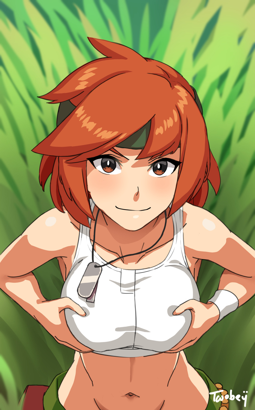 1girl absurdres advance_wars armband blush dog_tags grass green_headband headband highres midriff navel orange_hair pants red_eyes redhead sami_(advance_wars) short_hair smile solo sports_bra tank_top twobey