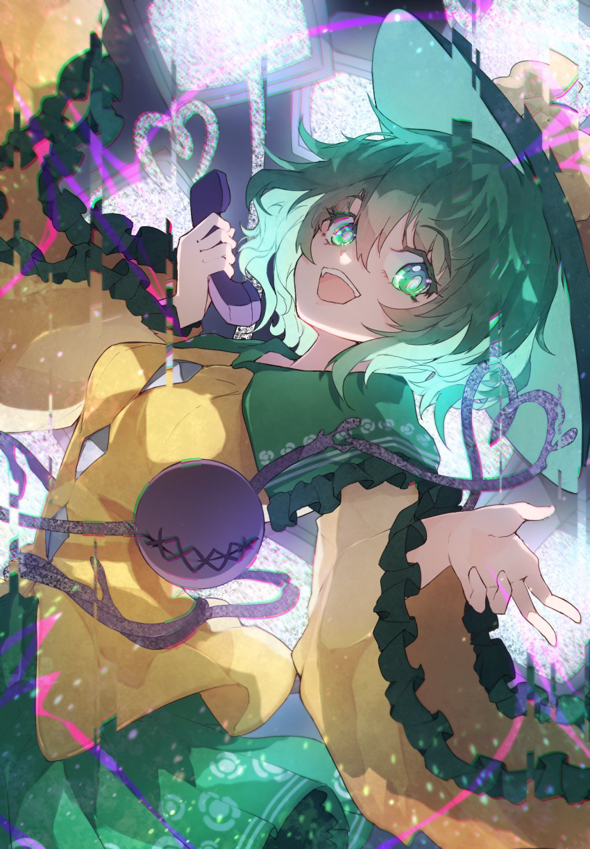 1girl :d bangs black_headwear chiroru_(cheese-roll) floral_print frilled_sleeves frills glitch green_eyes green_hair green_skirt heart heart_of_string highres holding holding_phone komeiji_koishi long_sleeves looking_at_viewer open_mouth phone rose_print shirt short_hair skirt smile solo television third_eye touhou wide_sleeves yellow_shirt