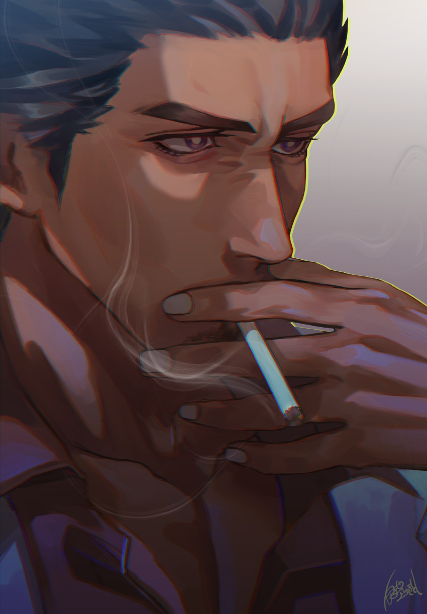 1boy absurdres cigarette eyebrows facial_hair grey_jacket highres irei_yukitoshi jacket kiryuu_kazuma looking_to_the_side male_focus manly mature_male red_shirt ryuu_ga_gotoku shirt sideburns signature smoke smoking soul_patch thick_eyebrows