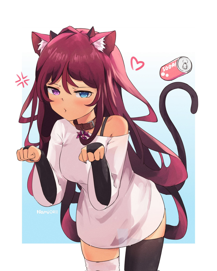 1girl anger_vein animal_ears asymmetrical_legwear bridal_gauntlets can cat_ears cat_tail closed_mouth collar eyebrows_visible_through_hair heterochromia highres hololive irys_(hololive) kemonomimi_mode looking_at_viewer mismatched_legwear namii_(namialus_m) paw_pose shirt soda_can solo t-shirt tail thigh-highs white_shirt