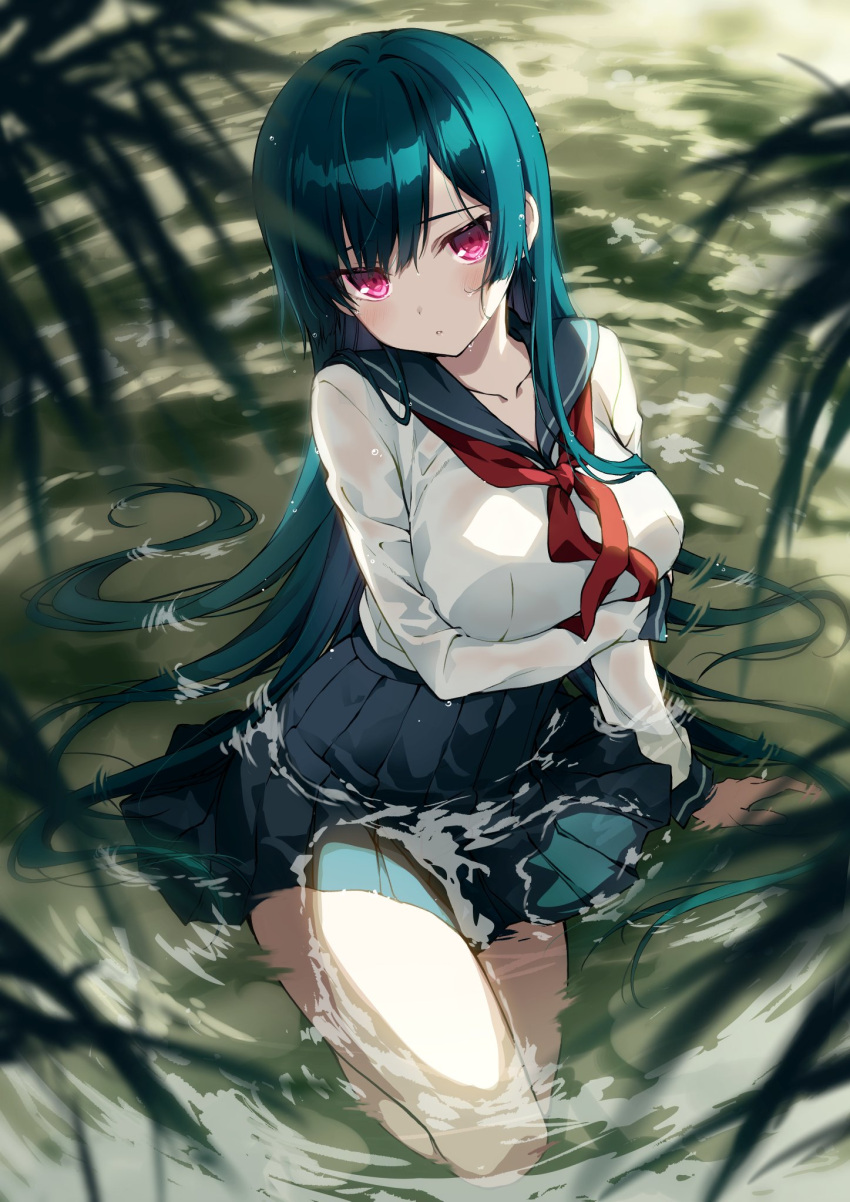 1girl 2980 aqua_hair arm_at_side arm_support arm_under_breasts bangs blurry blurry_foreground blush breasts collarbone full_body highres knee_up leaf long_hair long_sleeves looking_at_viewer medium_breasts neckerchief original parted_lips partially_submerged pink_eyes pleated_skirt red_neckwear school_uniform serafuku sitting skirt sleeve_cuffs solo very_long_hair water_drop wet wet_clothes