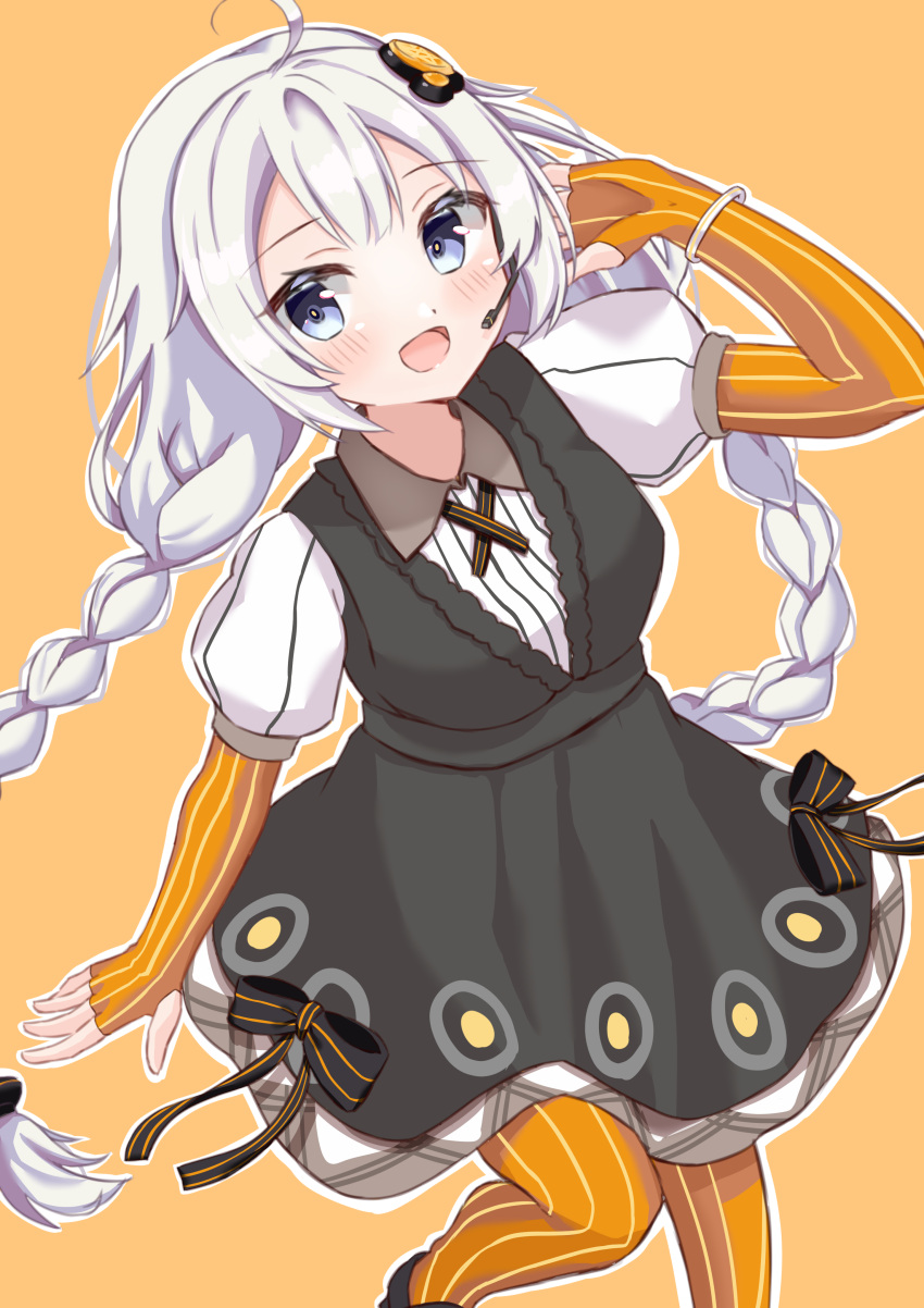 1girl absurdres ahoge black_dress bracelet braid commentary dress elbow_gloves feet_out_of_frame fingerless_gloves gloves hair_ornament hand_in_hair hand_up headset highres jewelry kizuna_akari light_blue_eyes light_blush long_hair looking_to_the_side open_mouth orange_background orange_gloves orange_legwear puffy_short_sleeves puffy_sleeves short_sleeves solo sosoru star_(symbol) star_print twin_braids very_long_hair vocaloid voiceroid white_hair