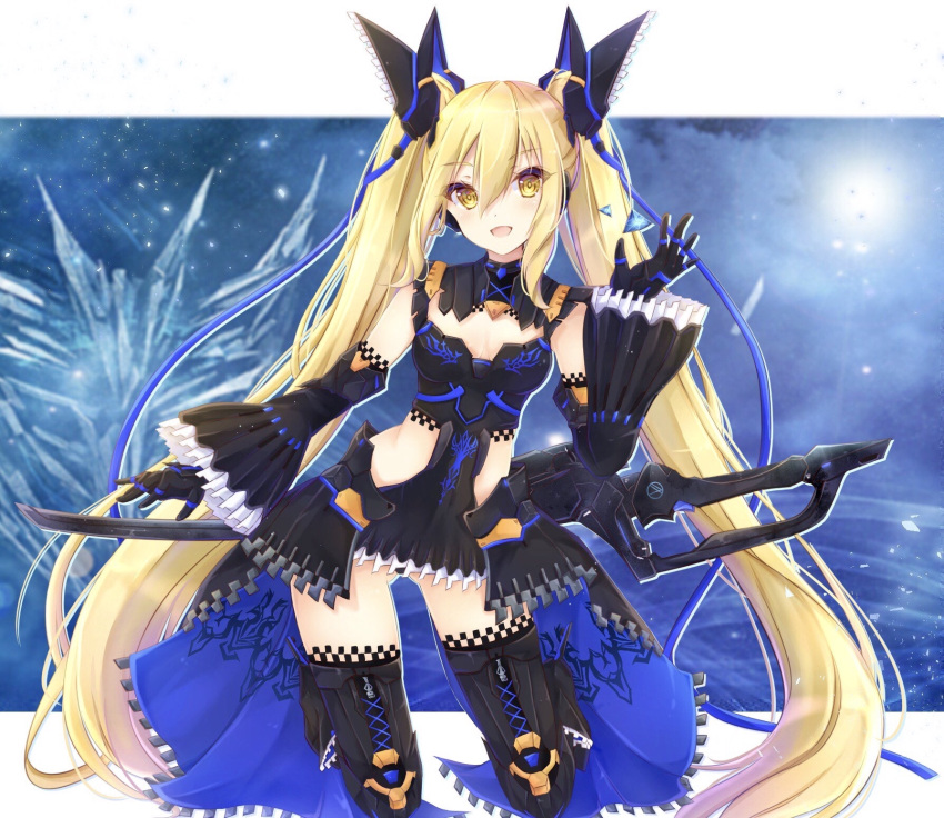 1girl blade blonde_hair boots breasts detached_sleeves high_heel_boots high_heels highres kiri_celea long_hair open_mouth phantasy_star phantasy_star_online_2 small_breasts smile sword twintails very_long_hair weapon wide_sleeves yellow_eyes